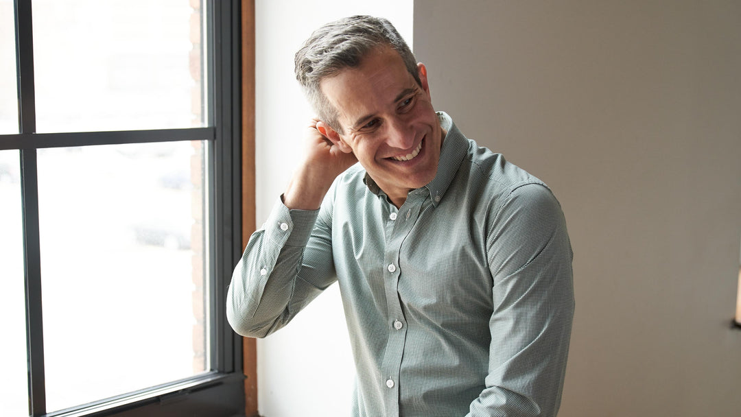 Matthew wearing the Mint Micro Check Everyday Shirt