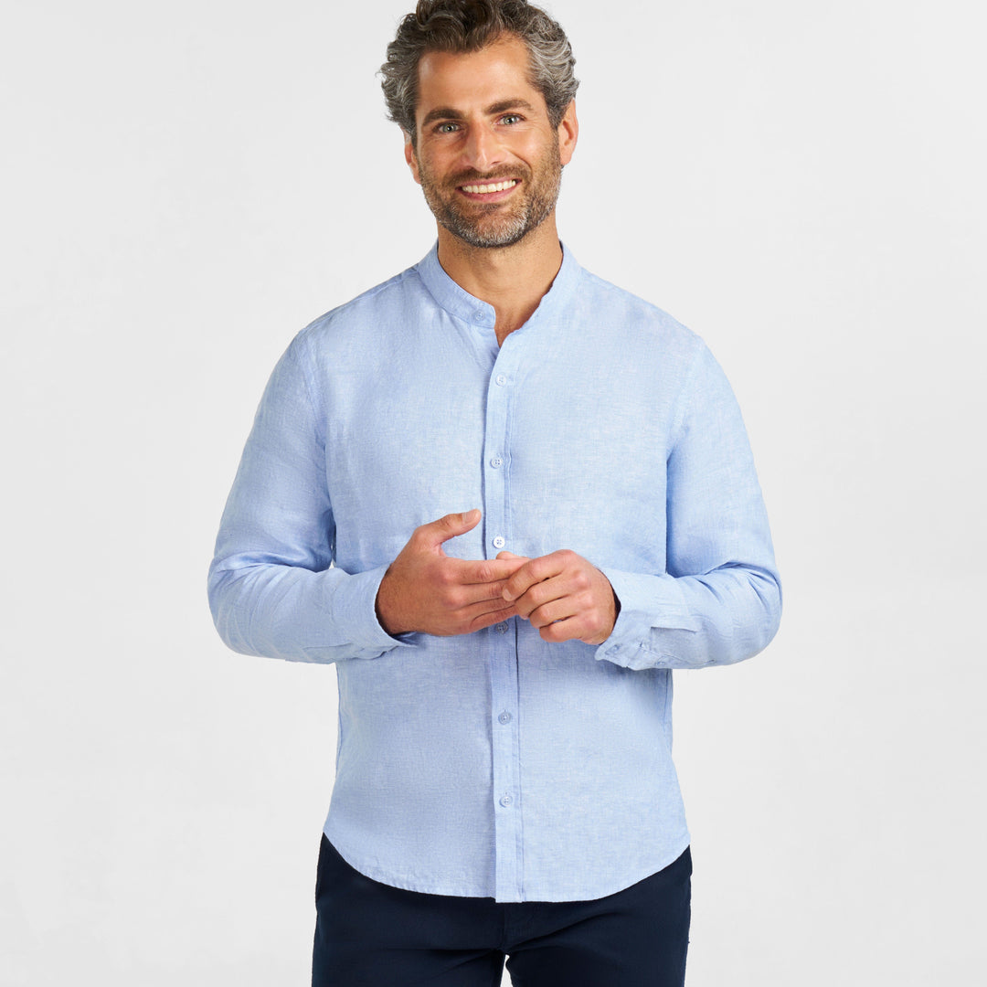 Ash & Erie Blue Linen Band Collar Shirt for Short Men   Everyday Shirts
