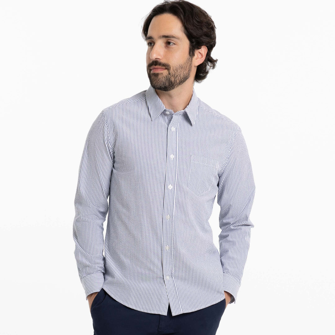 Ash & Erie Blue Stripe Seersucker Button-Down Shirt for Short Men   Everyday Shirts
