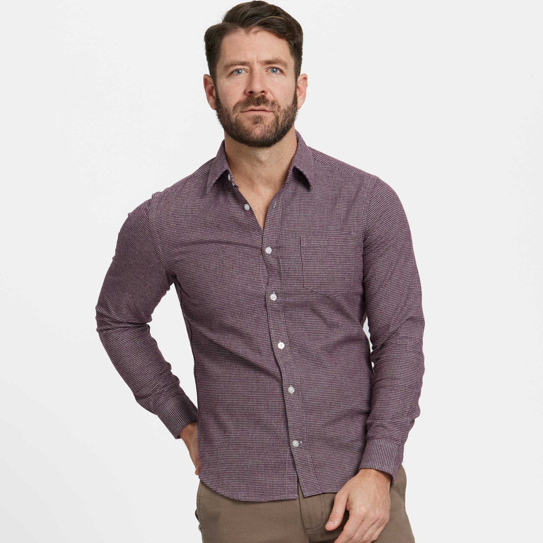 Ash & Erie Burgundy Houndstooth Flannel Button-Down Shirt for Short Men   Flannel Everyday Shirt