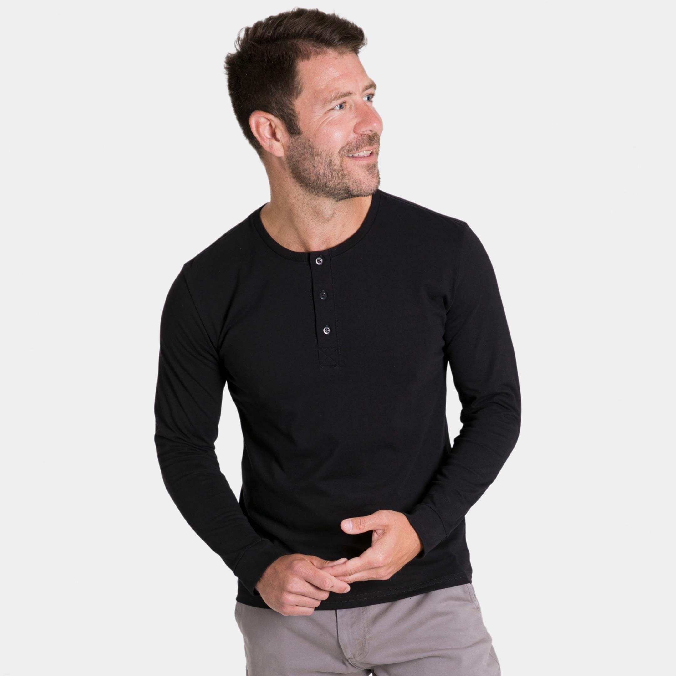 Ash & Erie Black Long Sleeve Pima Cotton Henley for Short Men   Long Sleeve Henley