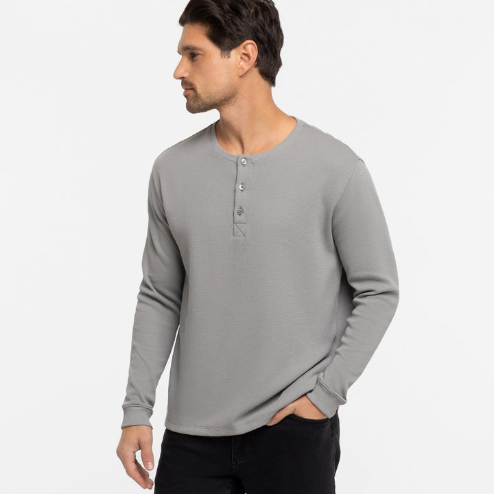 Ash & Erie Grey Waffle Henley for Short Men   Long Sleeve Henley