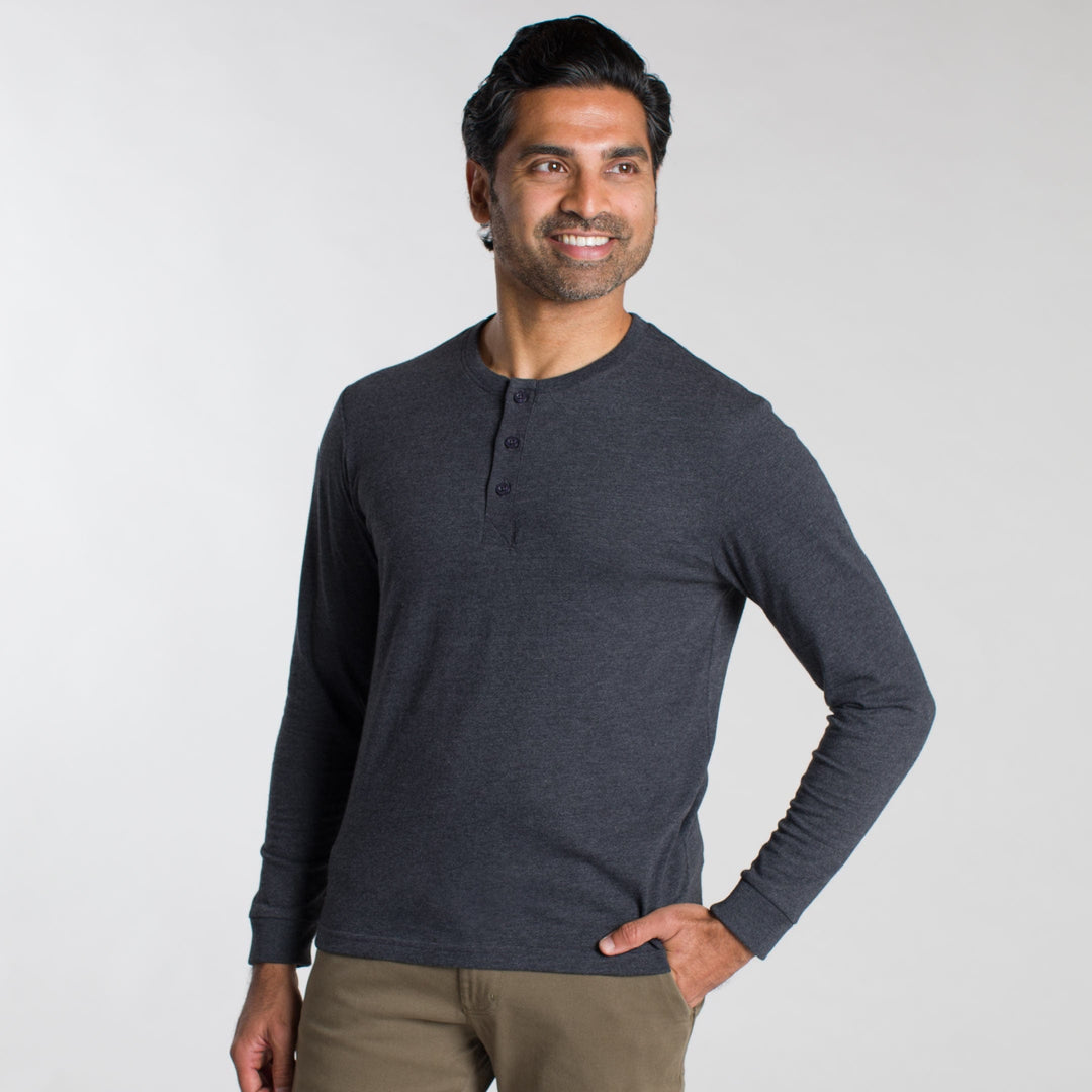 Ash & Erie Heather Charcoal Henley for Short Men   Long Sleeve Henley