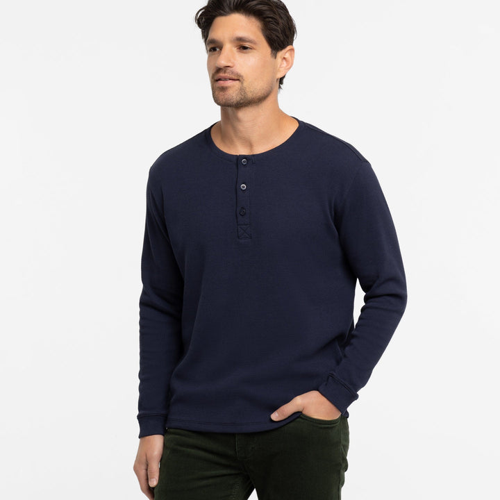 Ash & Erie Navy Waffle Henley for Short Men   Long Sleeve Henley