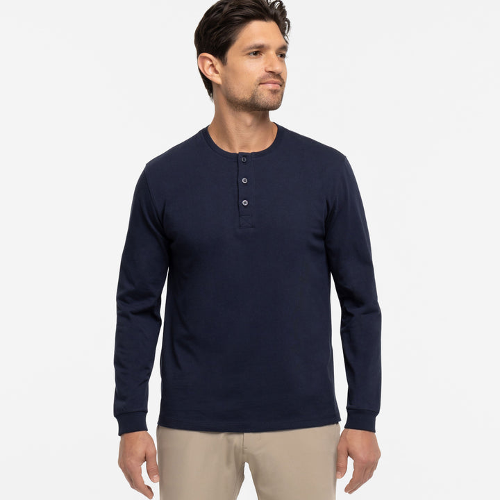 Ash & Erie True Navy Long Sleeve Pima Cotton Henley for Short Men   Long Sleeve Henley
