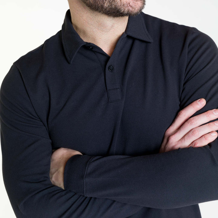 Buy Black Pique Long Sleeve Polo Shirt for Short Men | Ash & Erie   Long Sleeve Polos