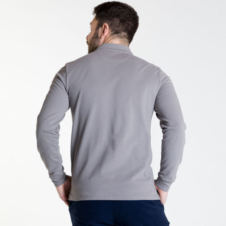 Buy Grey Pique Long Sleeve Polo Shirt for Short Men | Ash & Erie   Long Sleeve Polos