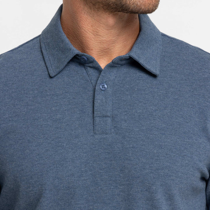 Buy Heather Blue Pique Long Sleeve Polo Shirt for Short Men | Ash & Erie   Long Sleeve Polos