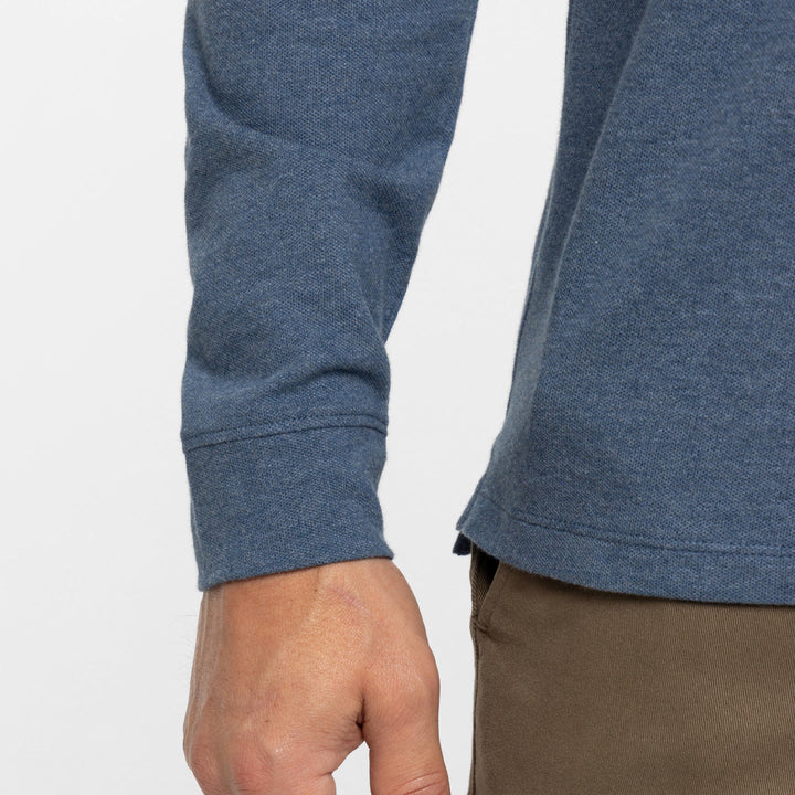 Buy Heather Blue Pique Long Sleeve Polo Shirt for Short Men | Ash & Erie   Long Sleeve Polos