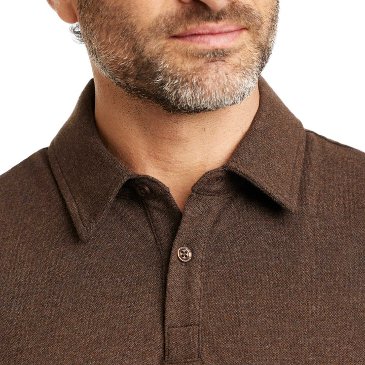 Buy Heather Mocha Pique Long Sleeve Polo Shirt for Short Men | Ash & Erie   Long Sleeve Polos