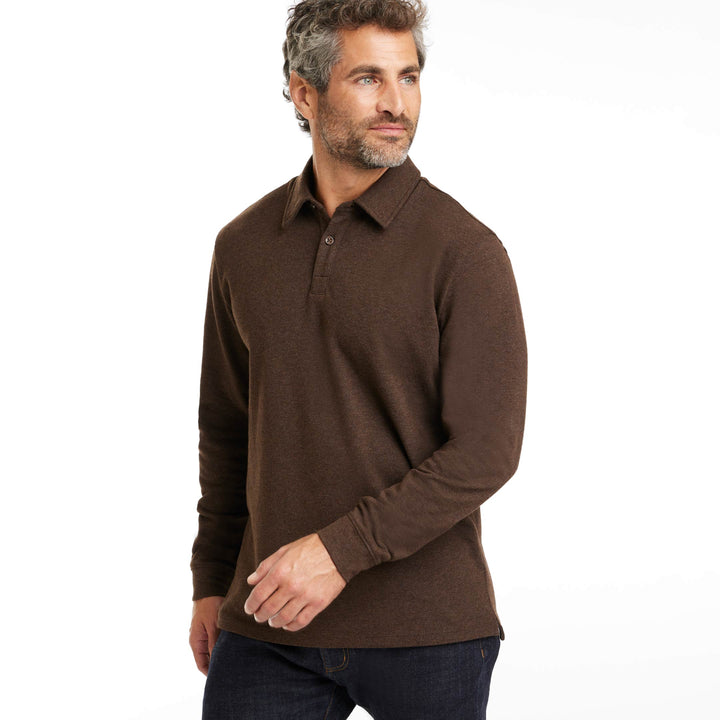 Buy Heather Mocha Pique Long Sleeve Polo Shirt for Short Men | Ash & Erie   Long Sleeve Polos