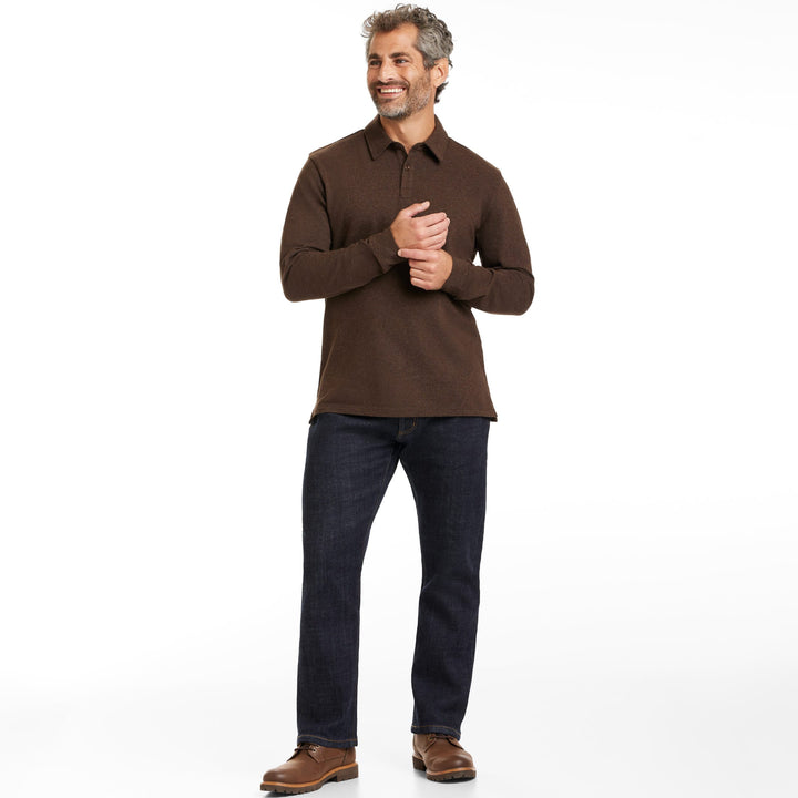 Buy Heather Mocha Pique Long Sleeve Polo Shirt for Short Men | Ash & Erie   Long Sleeve Polos