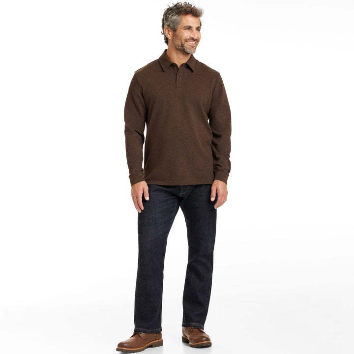 Buy Heather Mocha Pique Long Sleeve Polo Shirt for Short Men | Ash & Erie   Long Sleeve Polos