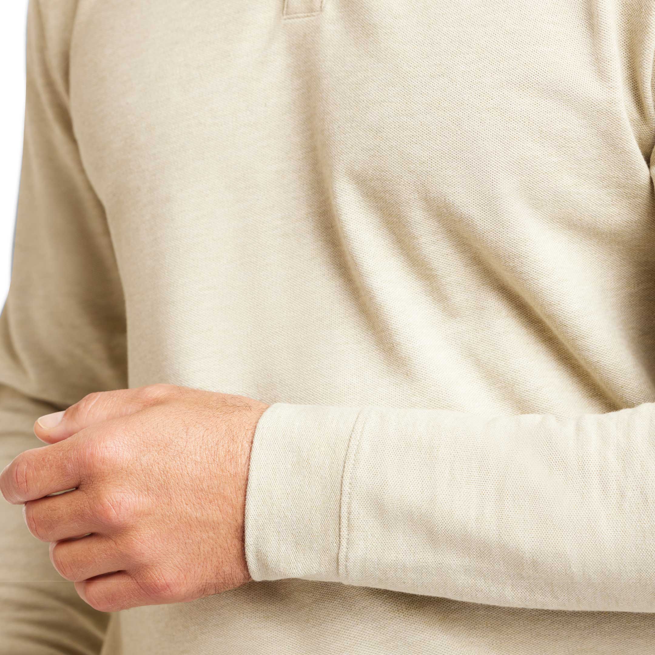Buy Heather Oat Pique Long Sleeve Polo Shirt for Short Men | Ash & Erie   Long Sleeve Polos
