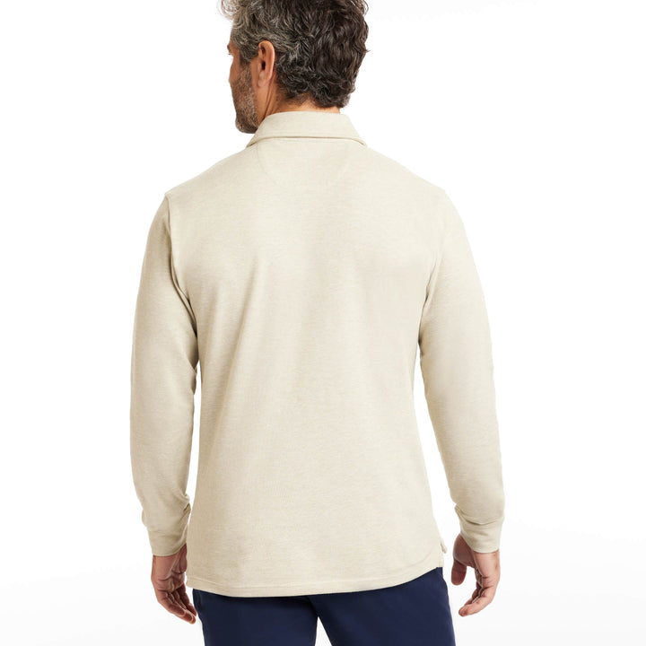 Buy Heather Oat Pique Long Sleeve Polo Shirt for Short Men | Ash & Erie   Long Sleeve Polos