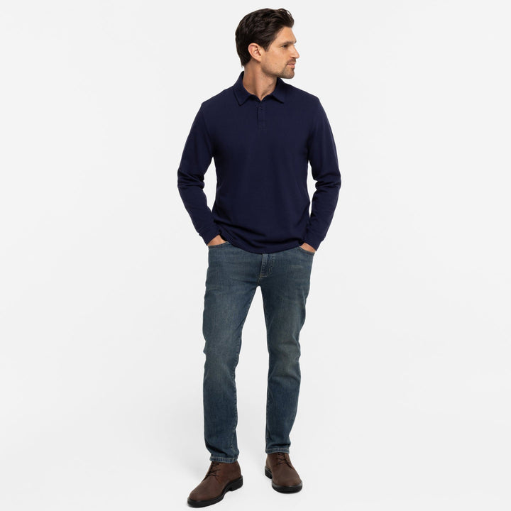 Buy Navy Pique Long Sleeve Polo Shirt for Short Men | Ash & Erie   Long Sleeve Polos