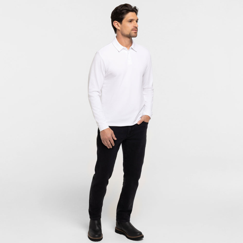 Buy White Pique Long Sleeve Polo Shirt for Short Men | Ash & Erie   Long Sleeve Polos