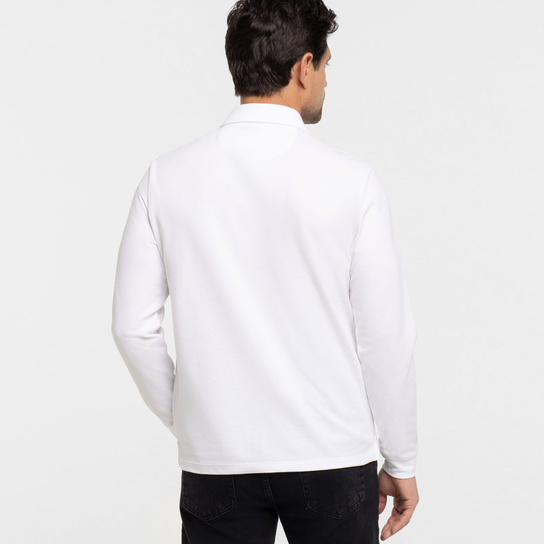 Buy White Pique Long Sleeve Polo Shirt for Short Men | Ash & Erie   Long Sleeve Polos