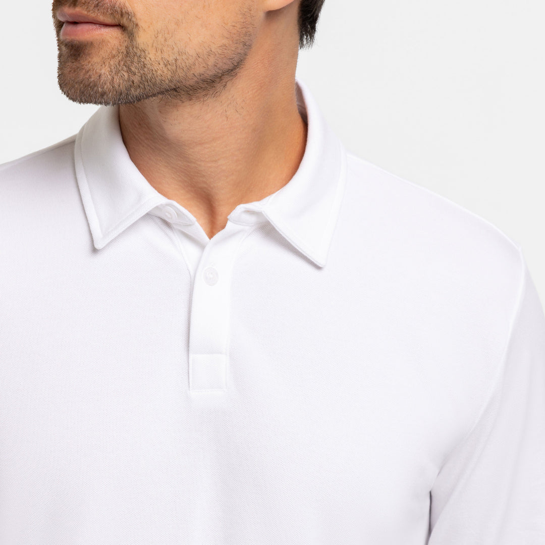 Buy White Pique Long Sleeve Polo Shirt for Short Men | Ash & Erie   Long Sleeve Polos