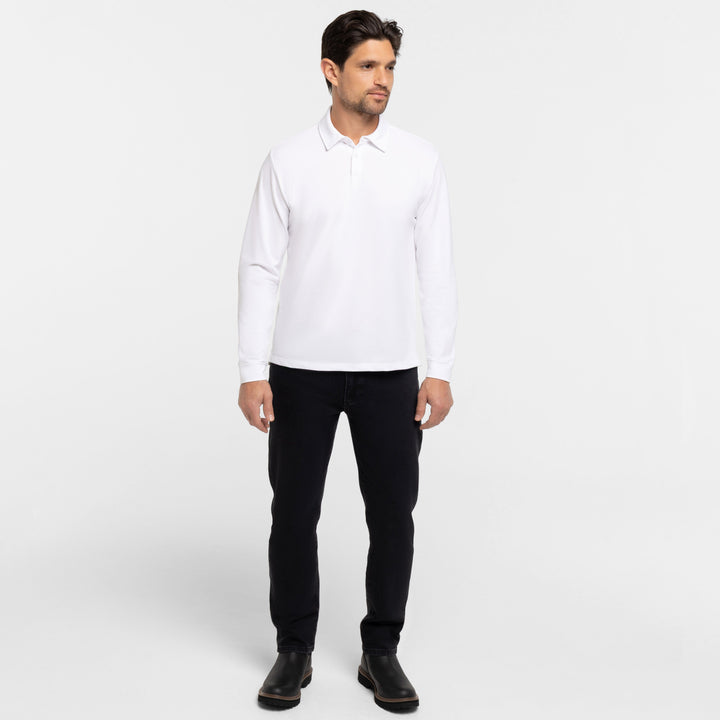 Buy White Pique Long Sleeve Polo Shirt for Short Men | Ash & Erie   Long Sleeve Polos
