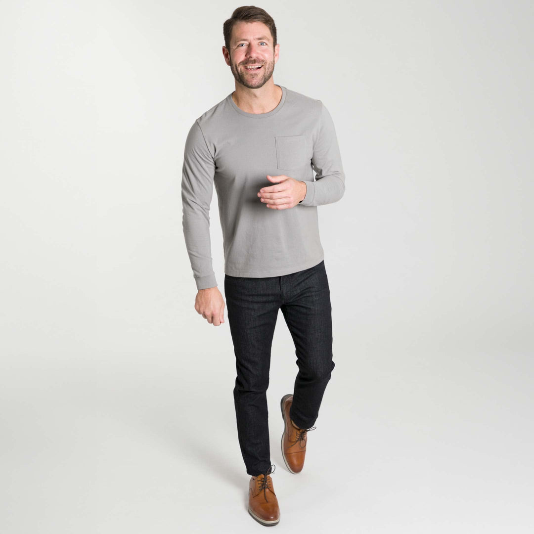 Ash & Erie Light Grey Long Sleeve Pima Cotton Crew Neck Tee for Short Men   Long Sleeve Premium Tee
