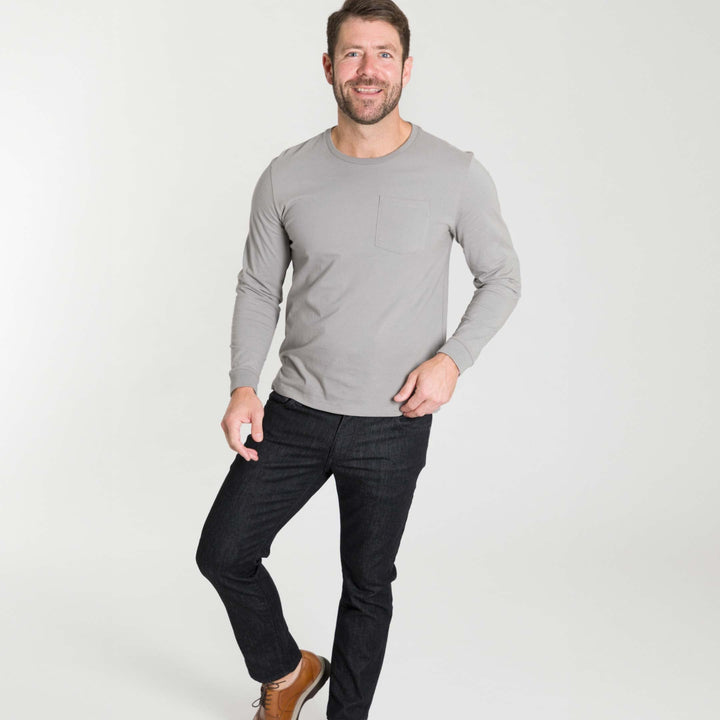 Ash & Erie Light Grey Long Sleeve Pima Cotton Crew Neck Tee for Short Men   Long Sleeve Premium Tee