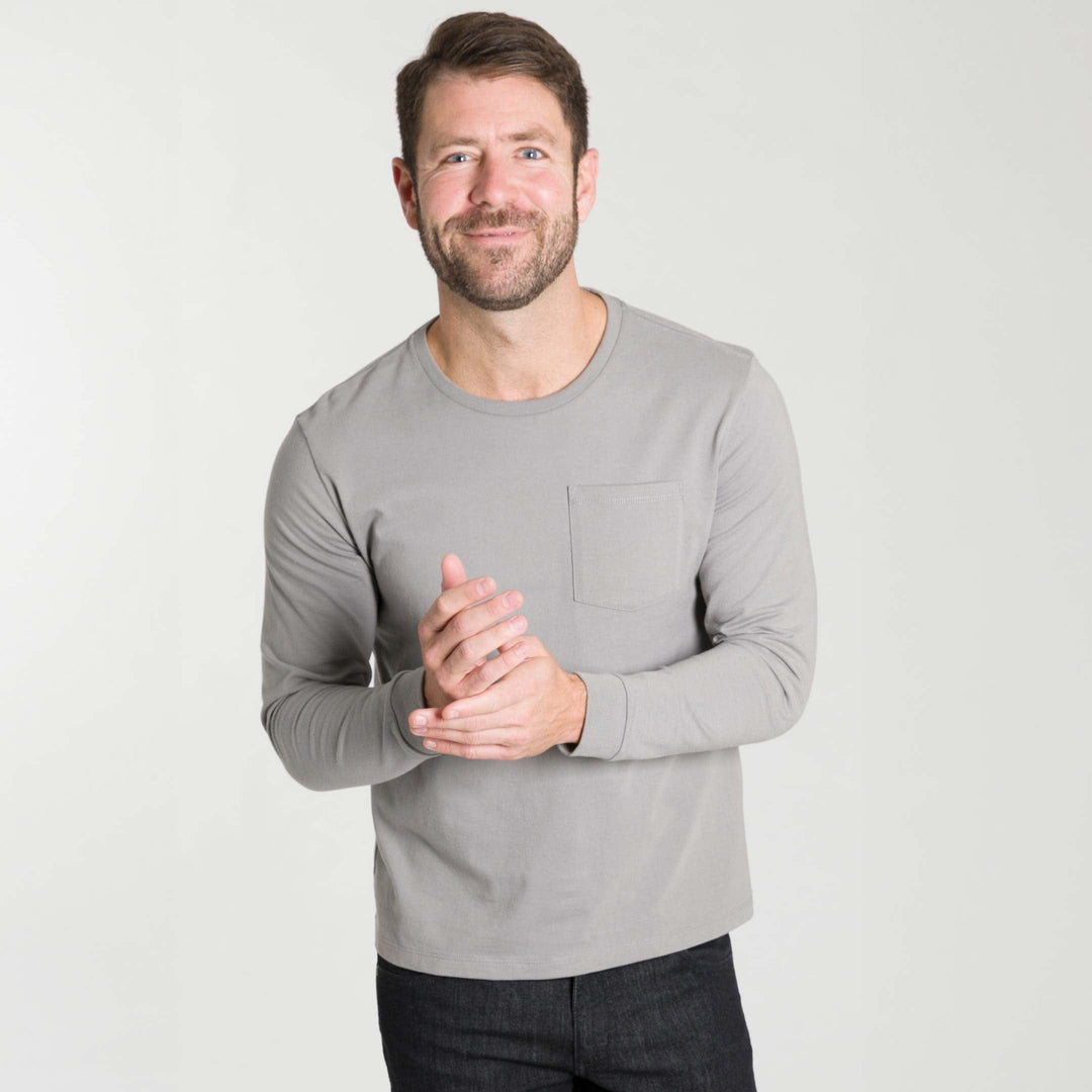 Ash & Erie Light Grey Long Sleeve Pima Cotton Crew Neck Tee for Short Men   Long Sleeve Premium Tee