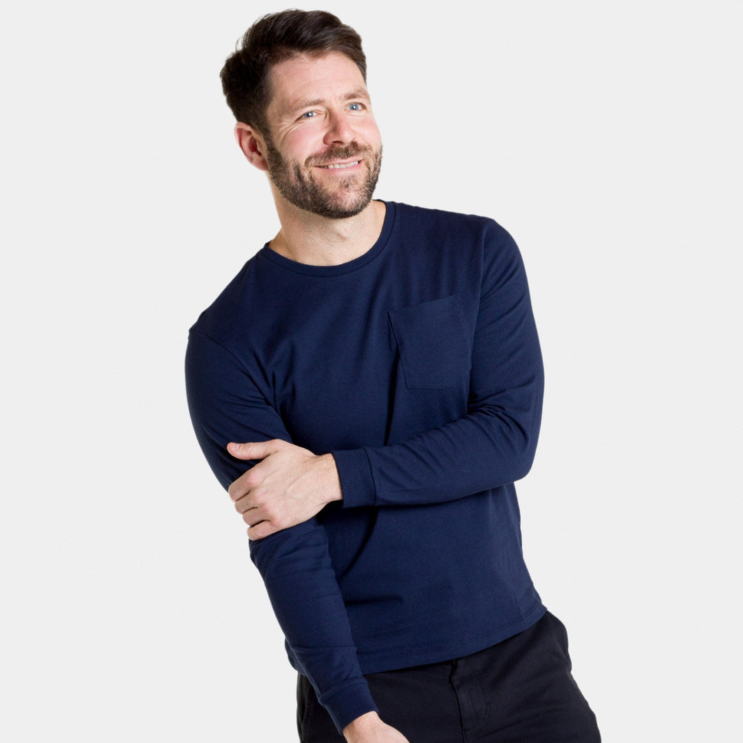 Ash & Erie Navy Long Sleeve Pima Cotton Crew Neck Tee for Short Men   Long Sleeve Premium Tee