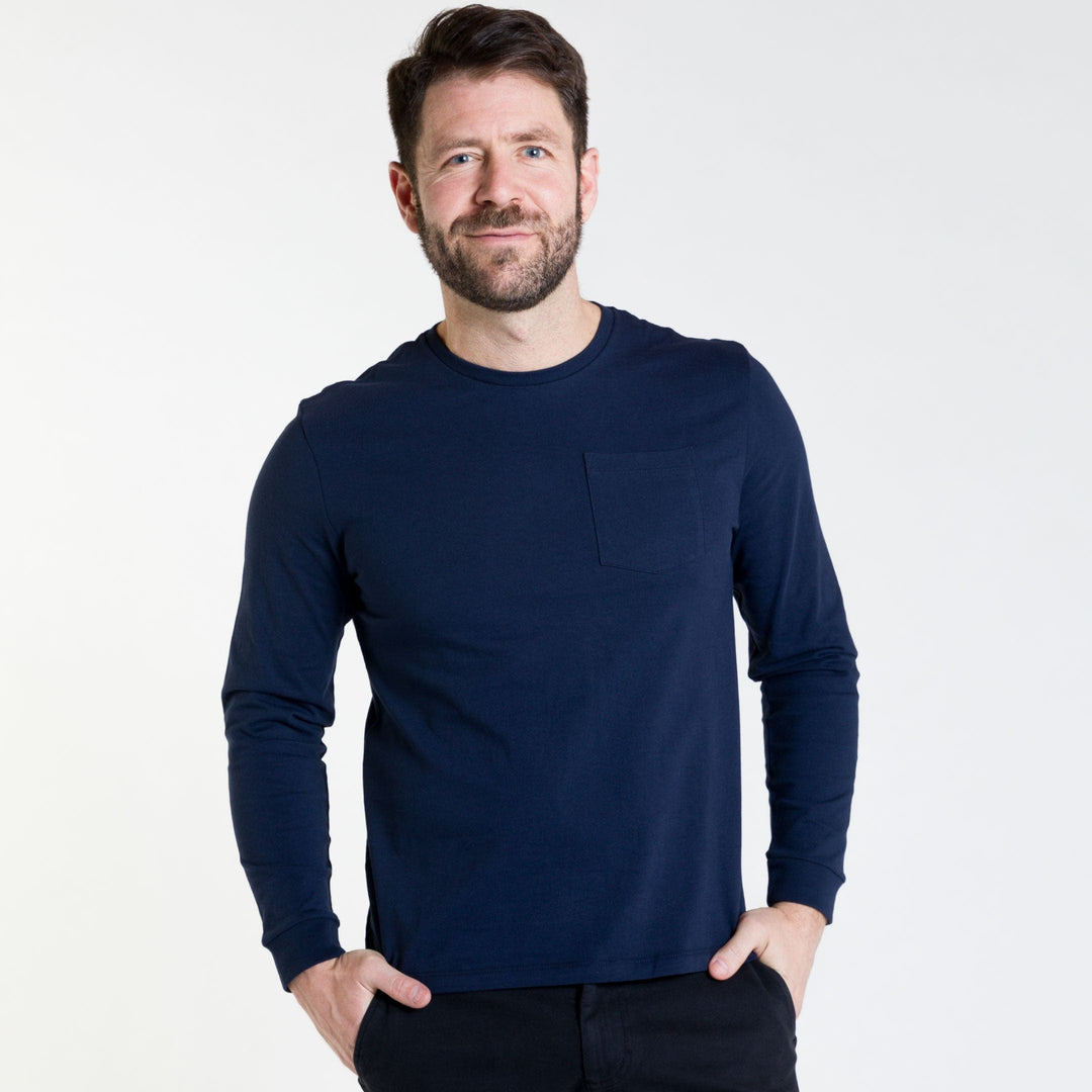 Ash & Erie Navy Long Sleeve Pima Cotton Crew Neck Tee for Short Men   Long Sleeve Premium Tee
