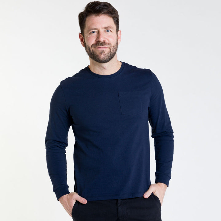 Ash & Erie Navy Long Sleeve Pima Cotton Crew Neck Tee for Short Men   Long Sleeve Premium Tee