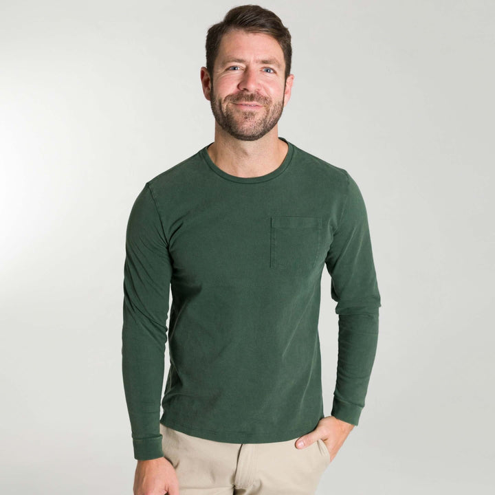 Ash & Erie Washed Green Long Sleeve Pima Cotton Crew Neck Tee for Short Men   Long Sleeve Premium Tee