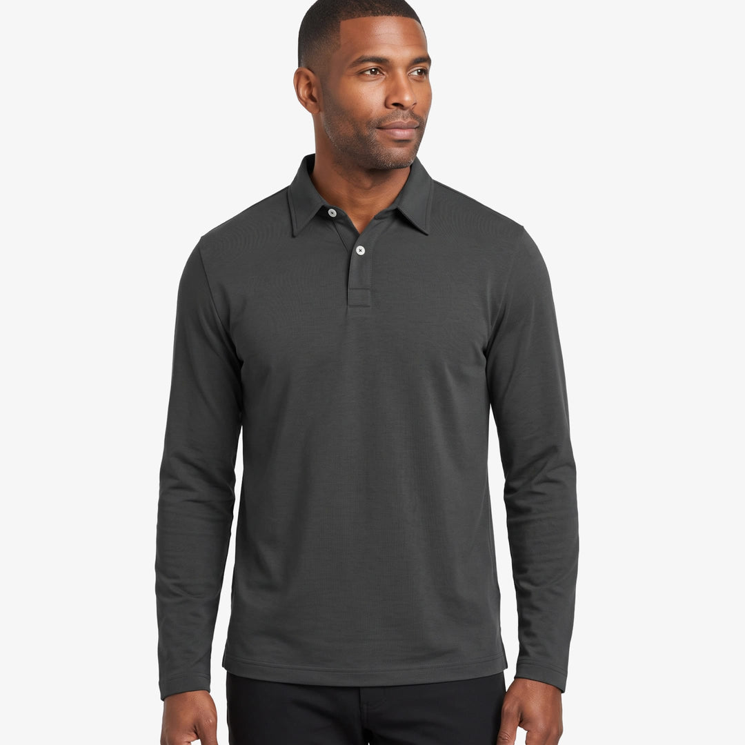 Ash & Erie Dark Grey Long Sleeve Tech Polo Shirt for Short Men   Long Sleeve Tech Polo
