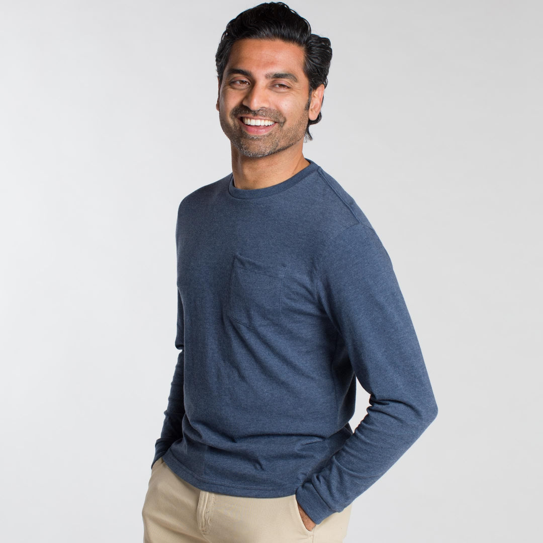 Ash & Erie Heather Dark Navy Long Sleeve Pocket Tee for Short Men   Long Sleeve Tee