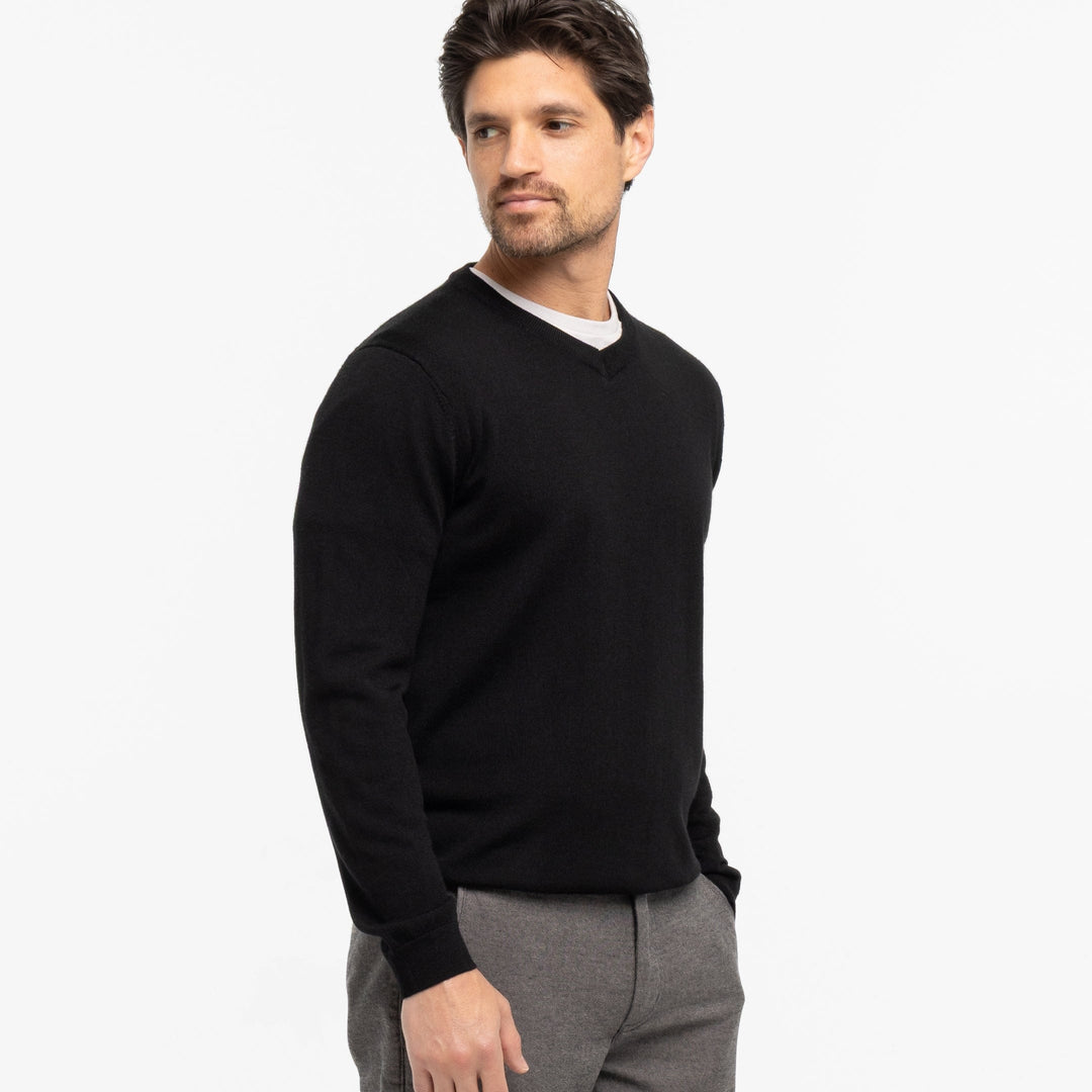 Buy Black Merino V-Neck Sweater for Short Men | Ash & Erie   Merino Wool Sweater