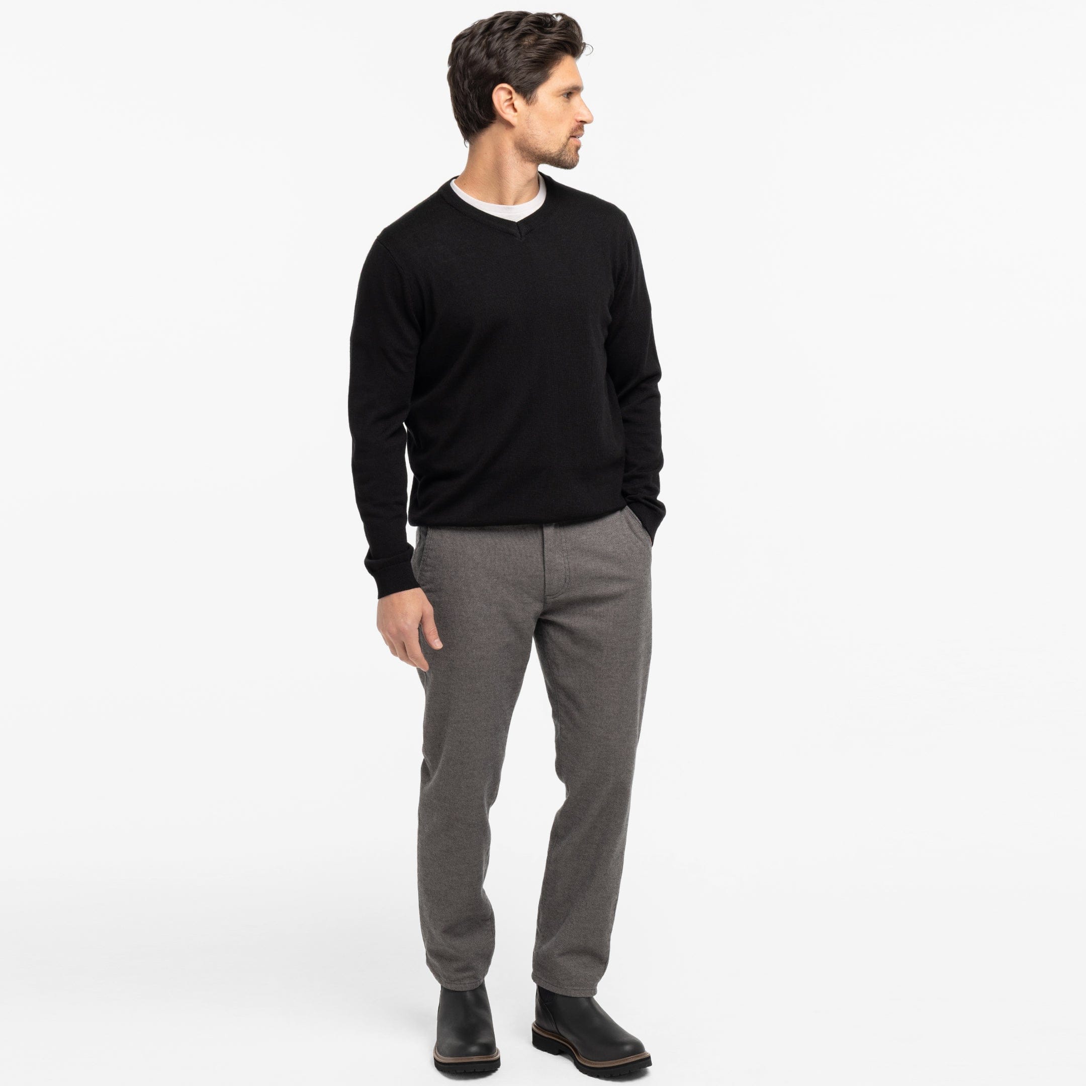 Buy Black Merino V-Neck Sweater for Short Men | Ash & Erie   Merino Wool Sweater