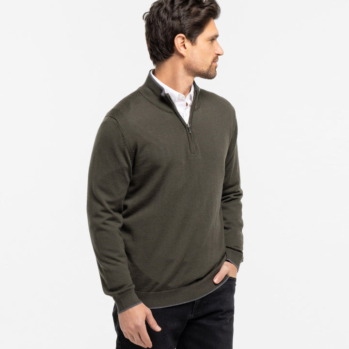 Ash & Erie Dark Olive Merino Quarter-Zip Sweater for Short Men   Merino Wool Sweater