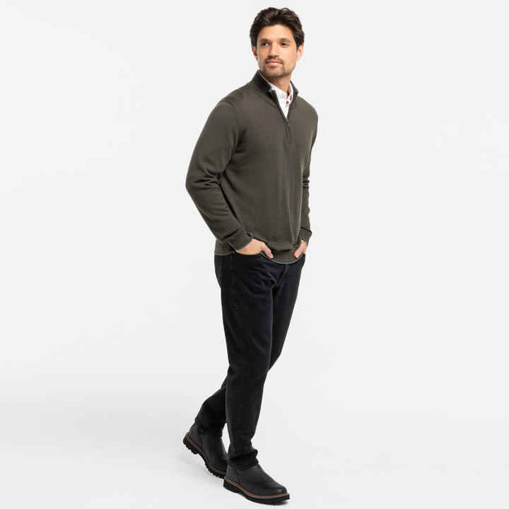 Ash & Erie Dark Olive Merino Quarter-Zip Sweater for Short Men   Merino Wool Sweater
