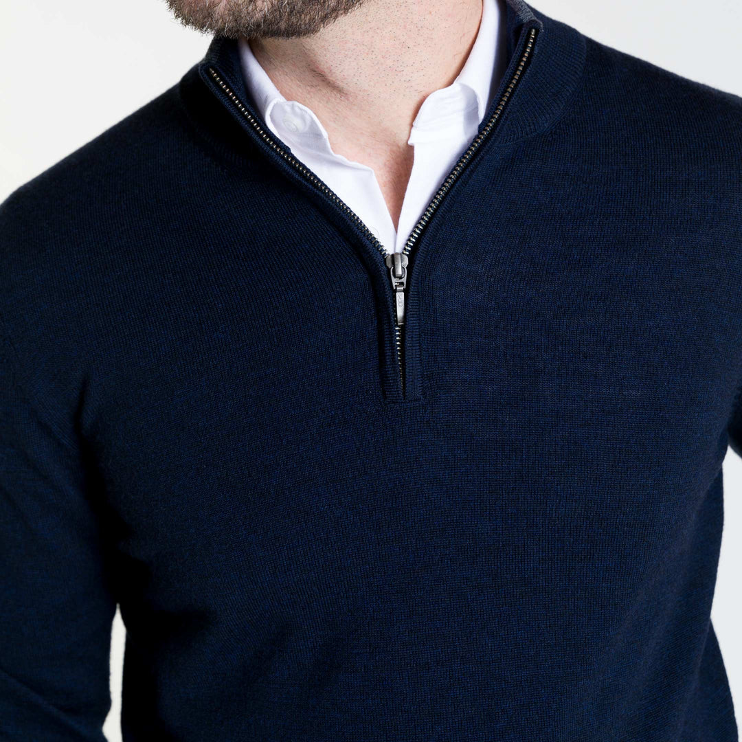 Buy Navy Merino Quarter-Zip Sweater for Short Men | Ash & Erie   Merino Wool Sweater