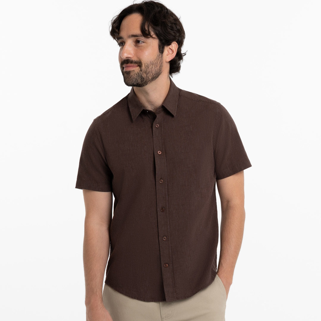 Ash & Erie Burgundy Stripes Linen Short Sleeve Shirt for Short Men   Short Sleeve Everyday Shirts