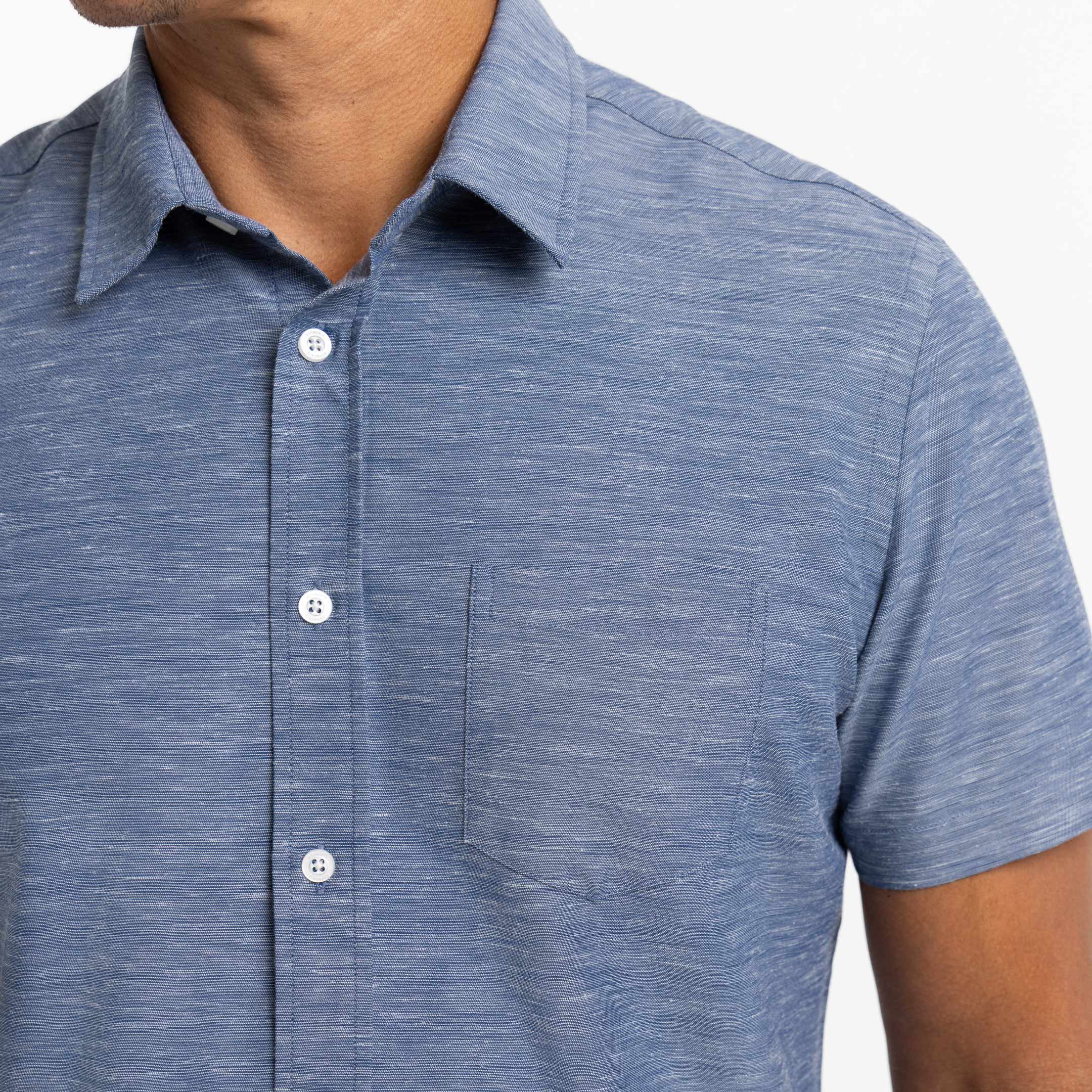 Ash & Erie Heather Blue Linen Wrinkle Free Short Sleeve Shirt for Short Men   Short Sleeve Everyday Shirts