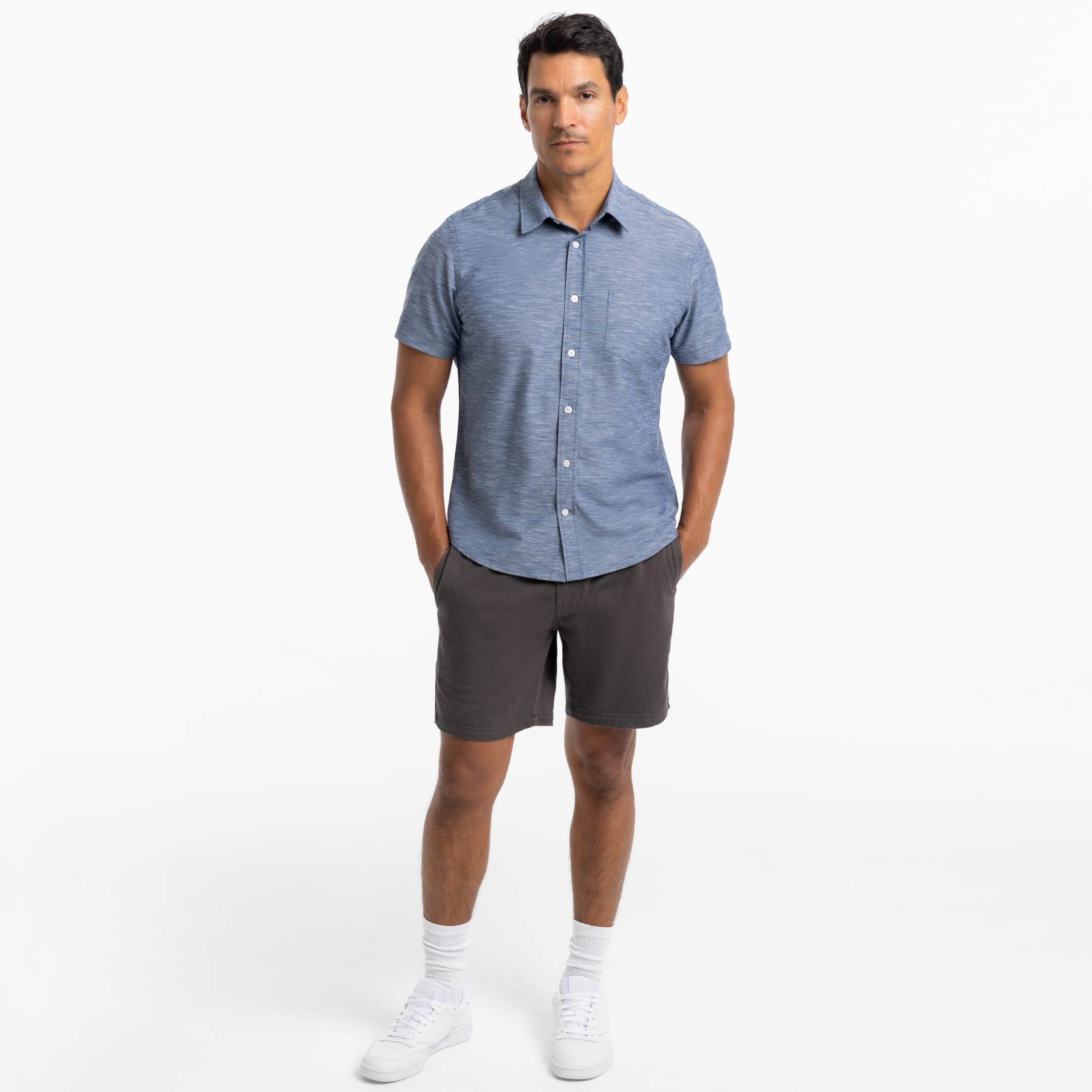 Ash & Erie Heather Blue Linen Wrinkle Free Short Sleeve Shirt for Short Men   Short Sleeve Everyday Shirts