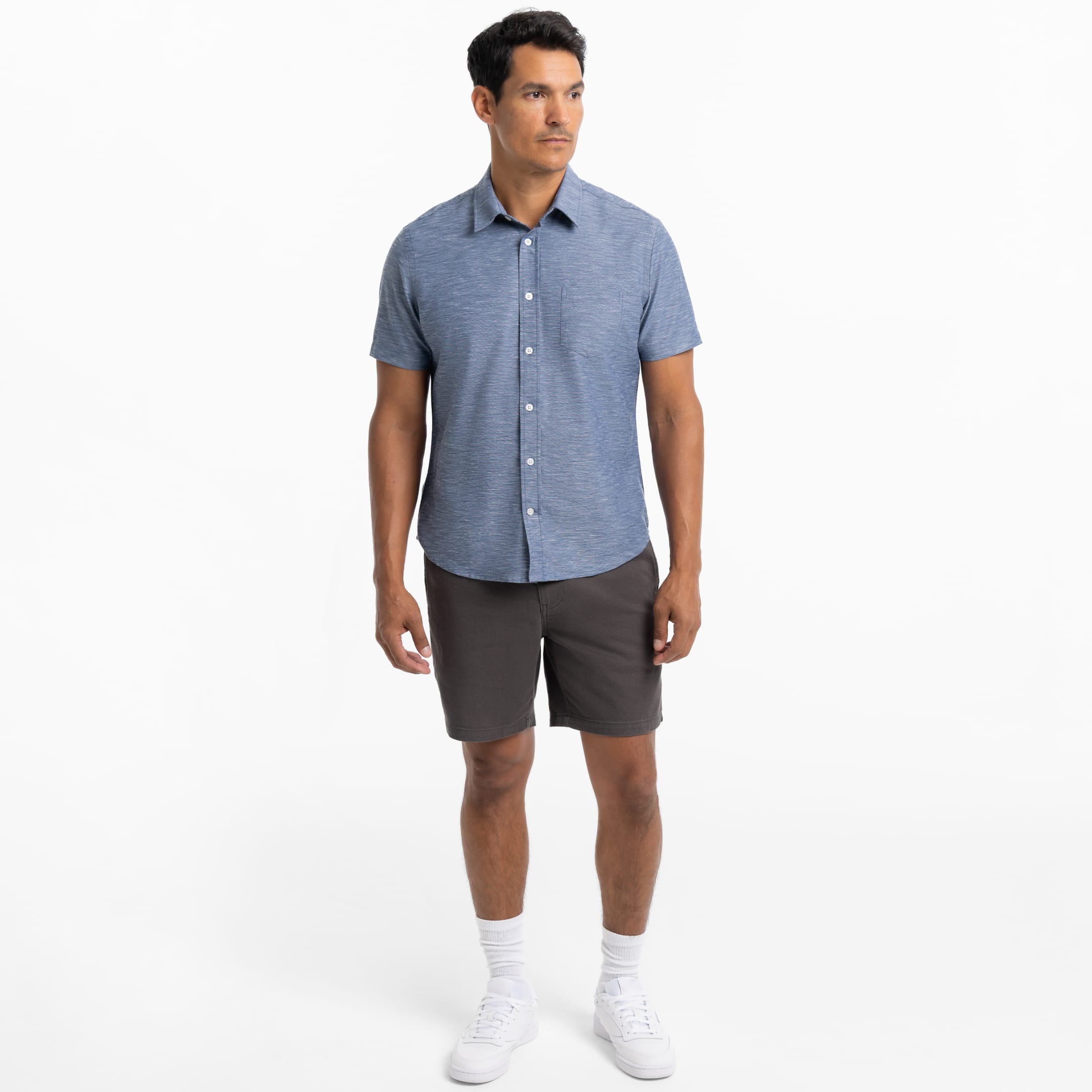 Ash & Erie Heather Blue Linen Wrinkle Free Short Sleeve Shirt for Short Men   Short Sleeve Everyday Shirts