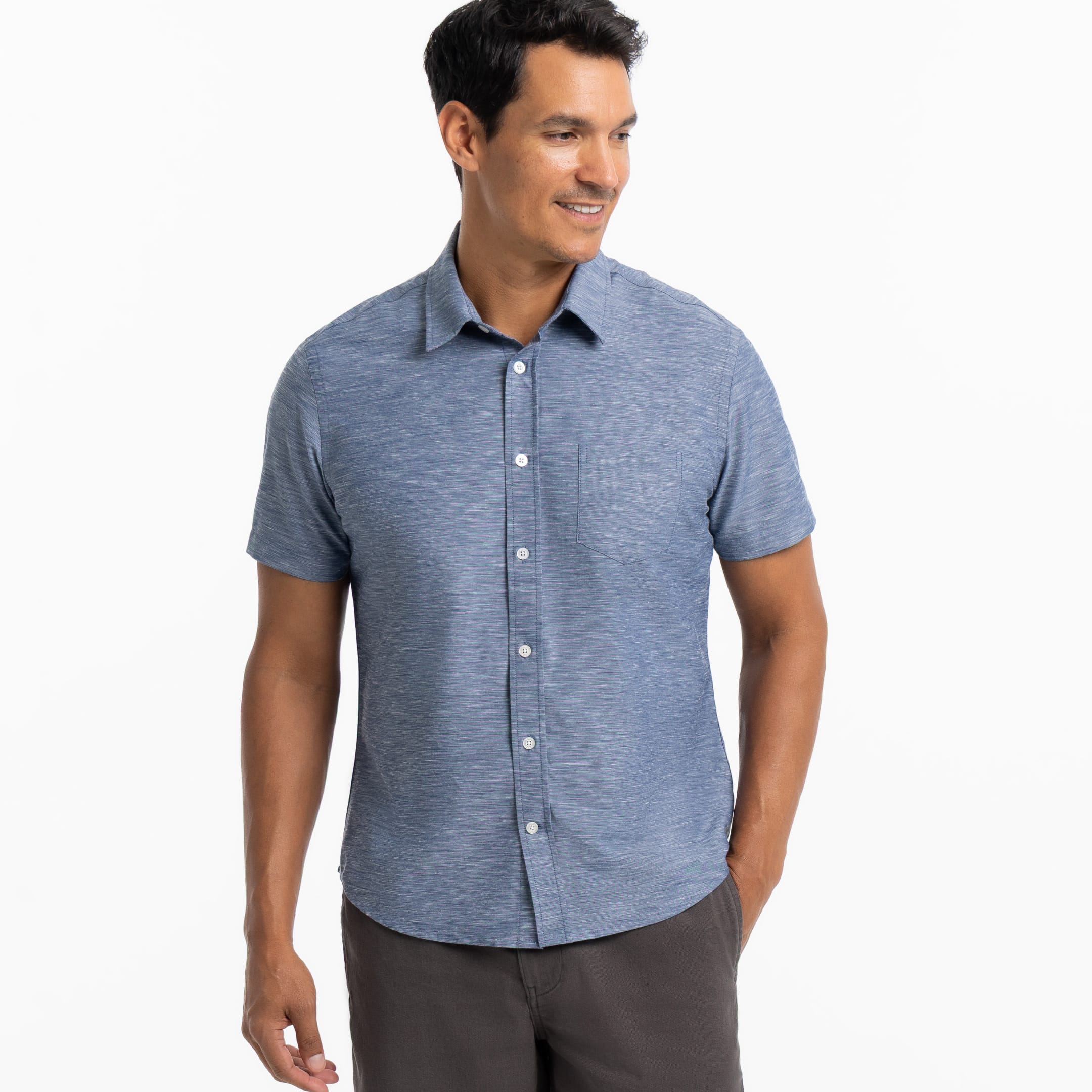 Ash & Erie Heather Blue Linen Wrinkle Free Short Sleeve Shirt for Short Men   Short Sleeve Everyday Shirts