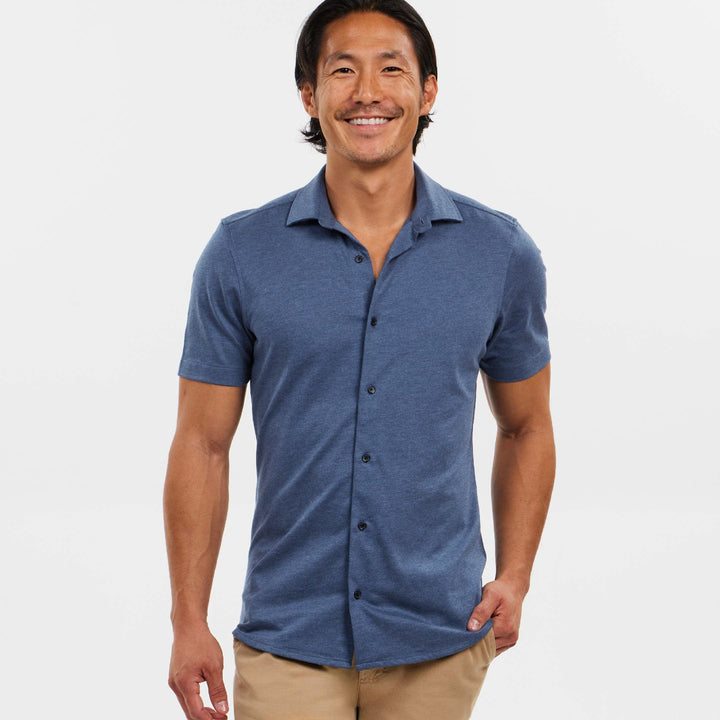 Ash & Erie Indigo Melange Short Sleeve Performance Stretch Shirt for Short Men   Short Sleeve Everyday Shirts