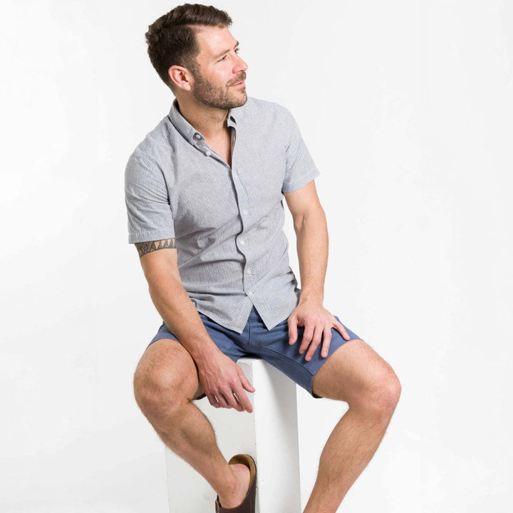 Buy Linen Stripes Short Sleeve Shirt for Short Men | Ash & Erie   Short Sleeve Everyday Shirts