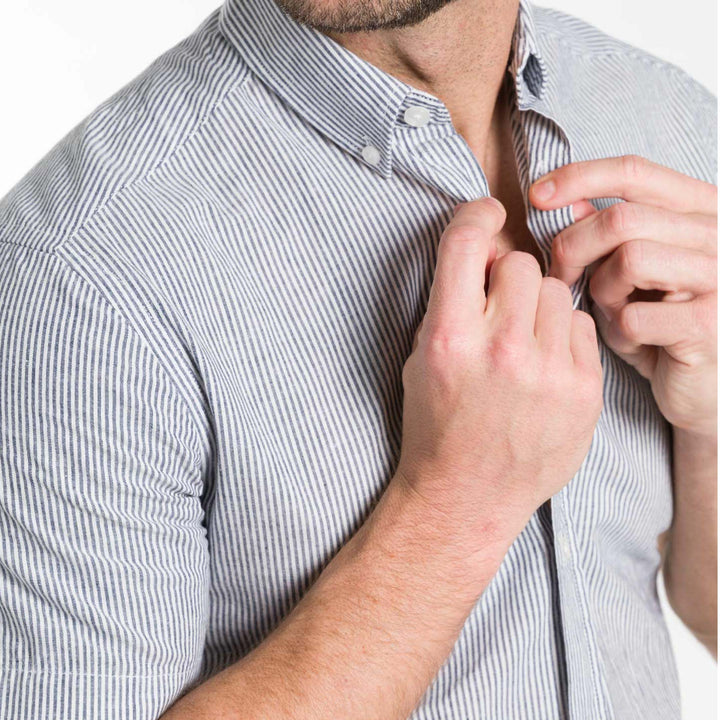Buy Linen Stripes Short Sleeve Shirt for Short Men | Ash & Erie   Short Sleeve Everyday Shirts