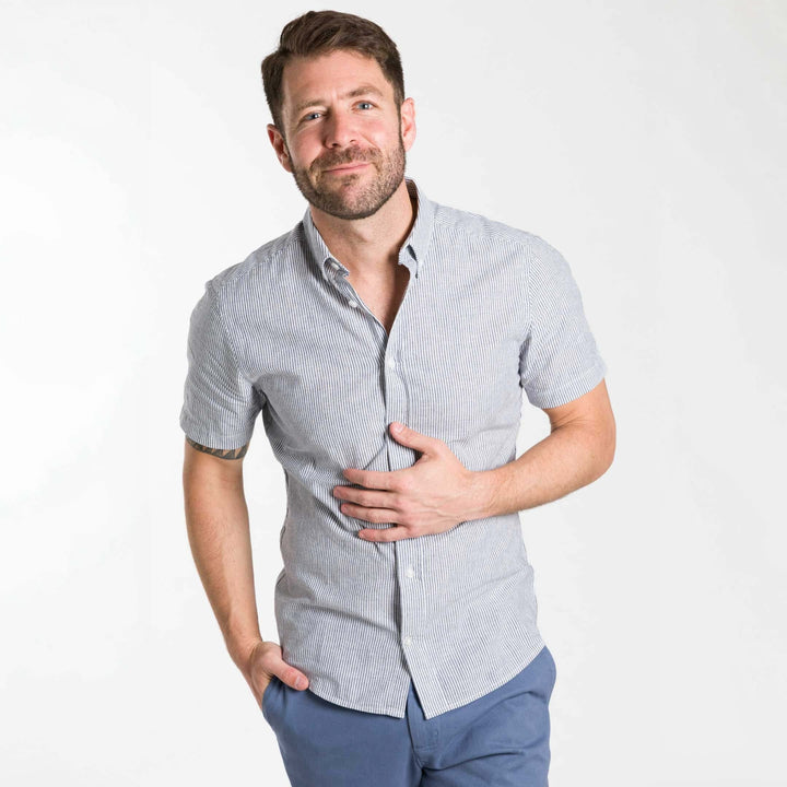 Buy Linen Stripes Short Sleeve Shirt for Short Men | Ash & Erie   Short Sleeve Everyday Shirts