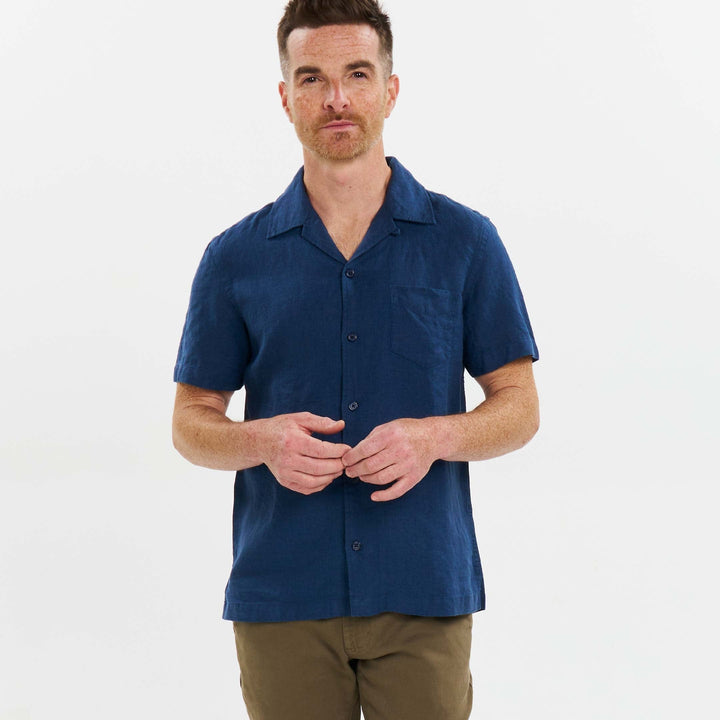 Ash & Erie Navy Linen Camp Collar Short Sleeve Shirt for Short Men   Short Sleeve Everyday Shirts