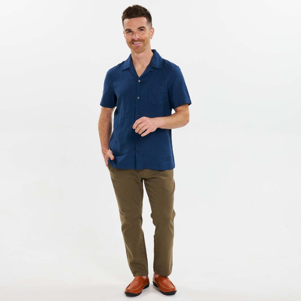 Ash & Erie Navy Linen Camp Collar Short Sleeve Shirt for Short Men   Short Sleeve Everyday Shirts