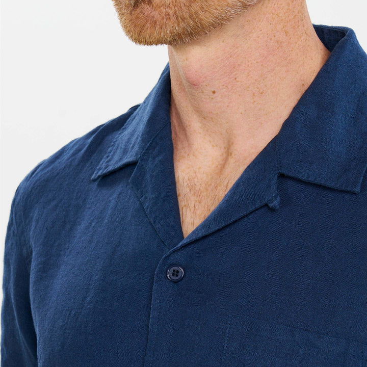 Ash & Erie Navy Linen Camp Collar Short Sleeve Shirt for Short Men   Short Sleeve Everyday Shirts